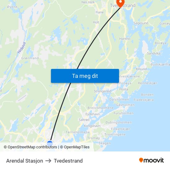 Arendal Stasjon to Tvedestrand map