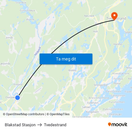 Blakstad Stasjon to Tvedestrand map