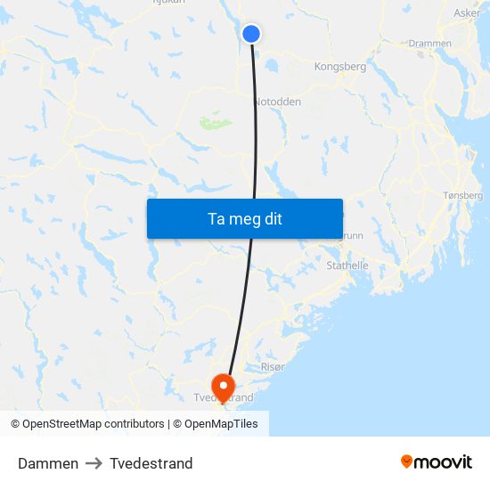 Dammen to Tvedestrand map