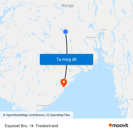 Espeset Bru to Tvedestrand map