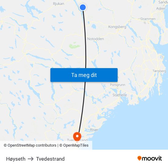 Høyseth to Tvedestrand map