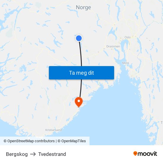 Bergskog to Tvedestrand map