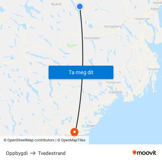 Oppbygdi to Tvedestrand map