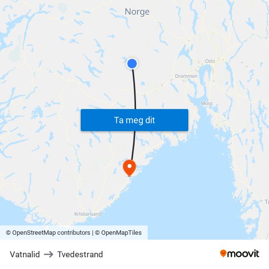 Vatnalid to Tvedestrand map