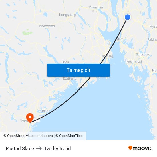 Rustad Skole to Tvedestrand map