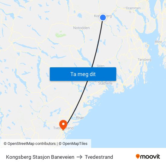 Kongsberg Stasjon Baneveien to Tvedestrand map