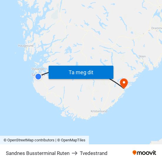 Sandnes Bussterminal Ruten to Tvedestrand map