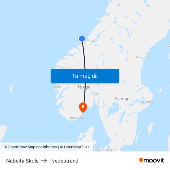 Nabeita Skole to Tvedestrand map