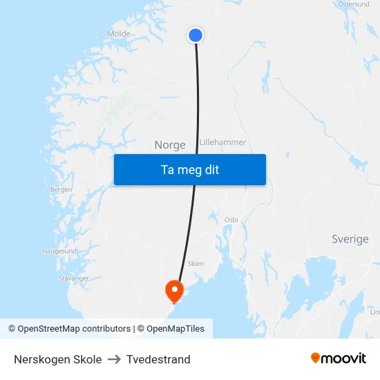 Nerskogen Skole to Tvedestrand map
