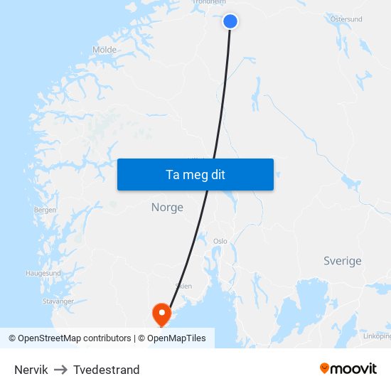 Nervik to Tvedestrand map