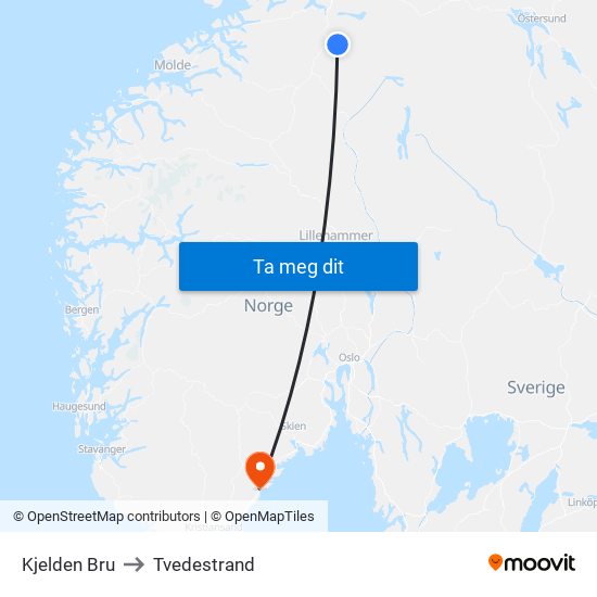 Kjelden Bru to Tvedestrand map