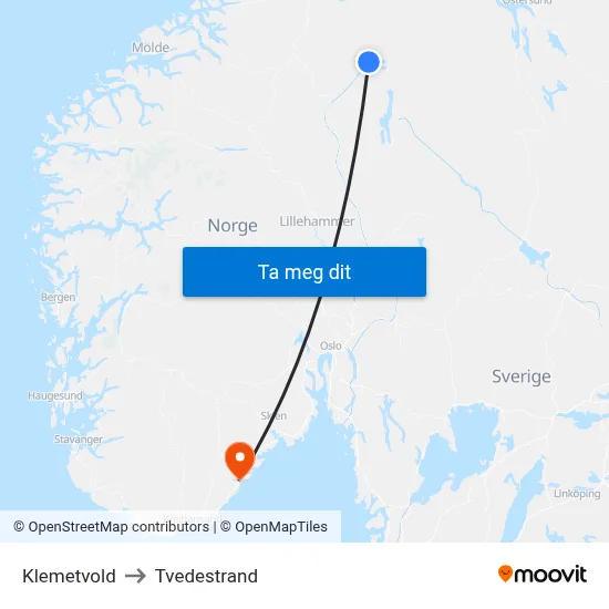 Klemetvold to Tvedestrand map