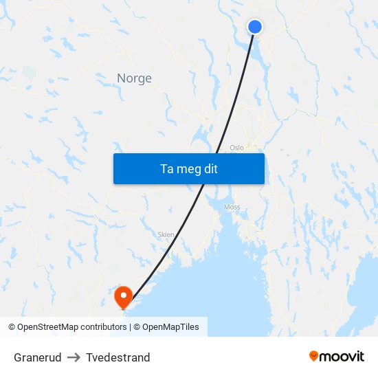 Granerud to Tvedestrand map