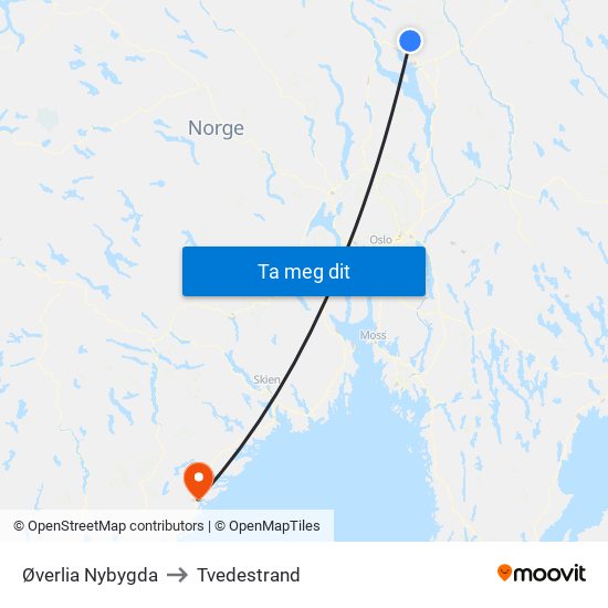 Øverlia Nybygda to Tvedestrand map