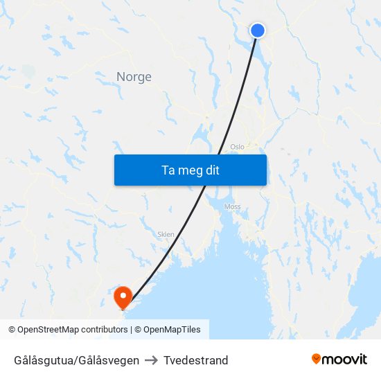 Gålåsgutua/Gålåsvegen to Tvedestrand map