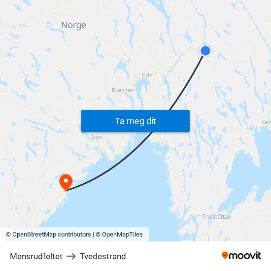 Mensrudfeltet to Tvedestrand map