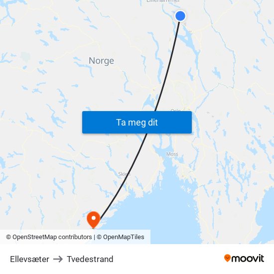 Ellevsæter to Tvedestrand map