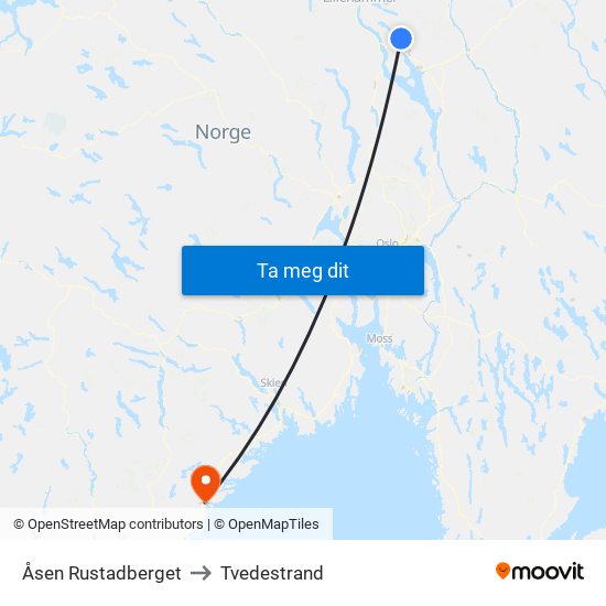 Åsen Rustadberget to Tvedestrand map