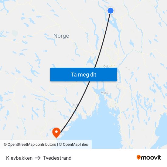 Klevbakken to Tvedestrand map