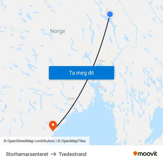 Storhamarsenteret to Tvedestrand map