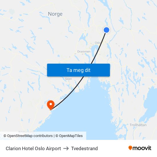 Clarion Hotel Oslo Airport to Tvedestrand map