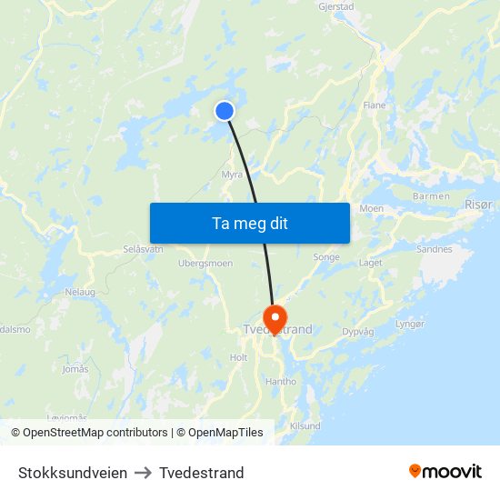 Stokksundveien to Tvedestrand map