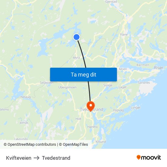 Kvifteveien to Tvedestrand map