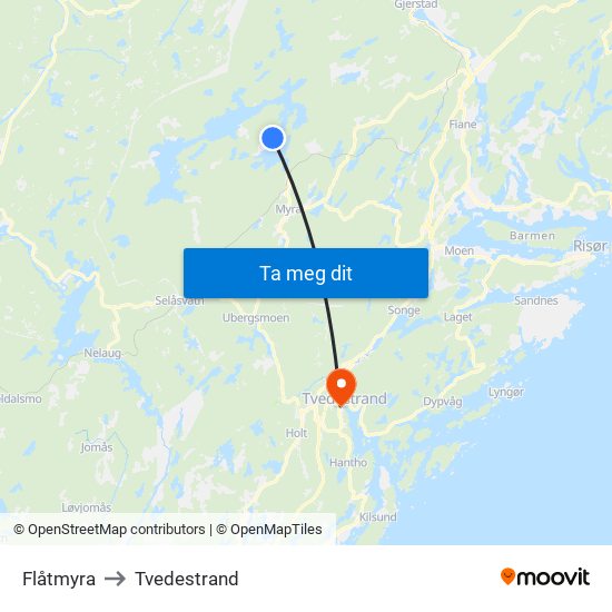 Flåtmyra to Tvedestrand map
