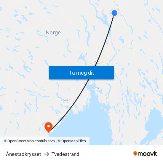 Ånestadkrysset to Tvedestrand map