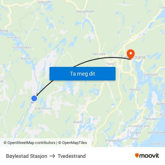 Bøylestad Stasjon to Tvedestrand map