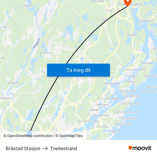 Bråstad Stasjon to Tvedestrand map