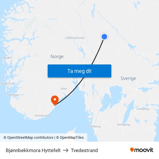 Bjønnbekkmora Hyttefelt to Tvedestrand map