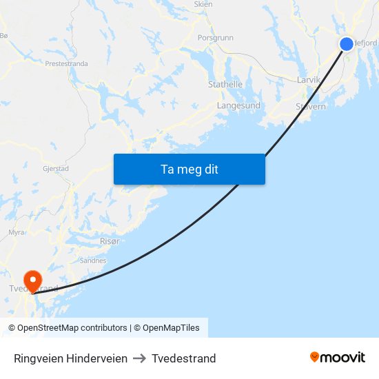 Ringveien Hinderveien to Tvedestrand map