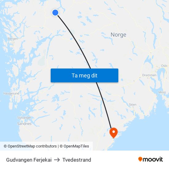 Gudvangen Ferjekai to Tvedestrand map