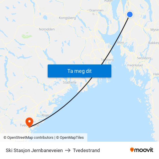 Ski Stasjon Jernbaneveien to Tvedestrand map