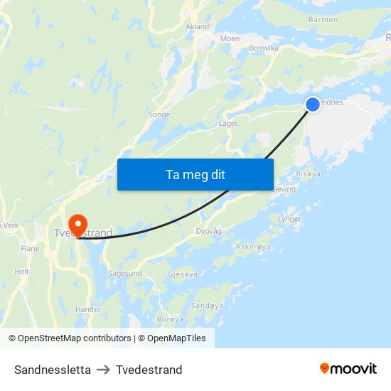 Sandnessletta to Tvedestrand map