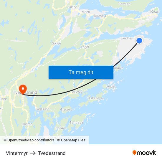 Vintermyr to Tvedestrand map