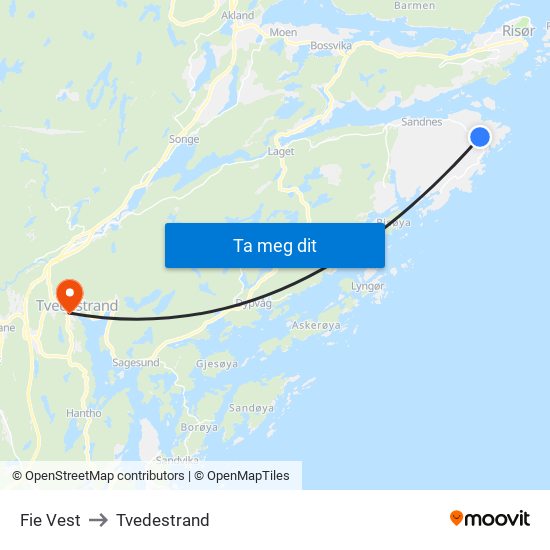 Fie Vest to Tvedestrand map