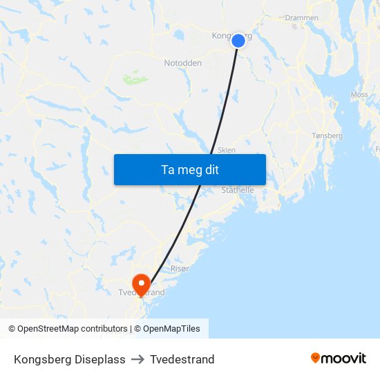 Kongsberg Diseplass to Tvedestrand map