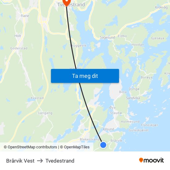 Brårvik Vest to Tvedestrand map