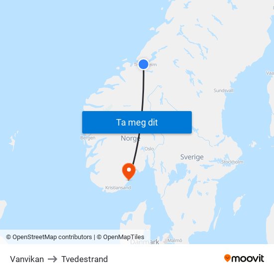 Vanvikan to Tvedestrand map