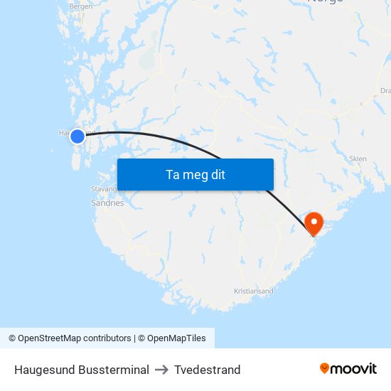 Haugesund Bussterminal to Tvedestrand map