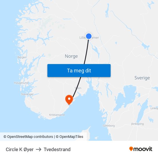 Circle K Øyer to Tvedestrand map