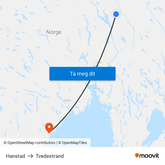 Hanstad to Tvedestrand map