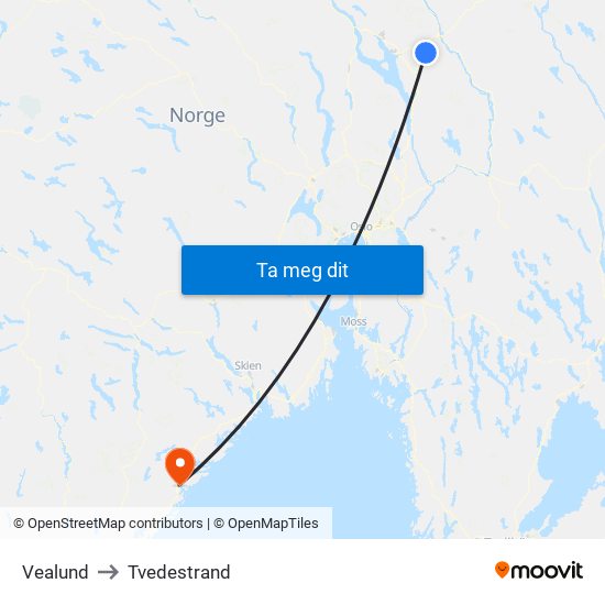 Vealund to Tvedestrand map