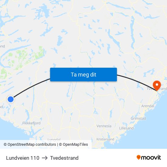 Lundveien 110 to Tvedestrand map