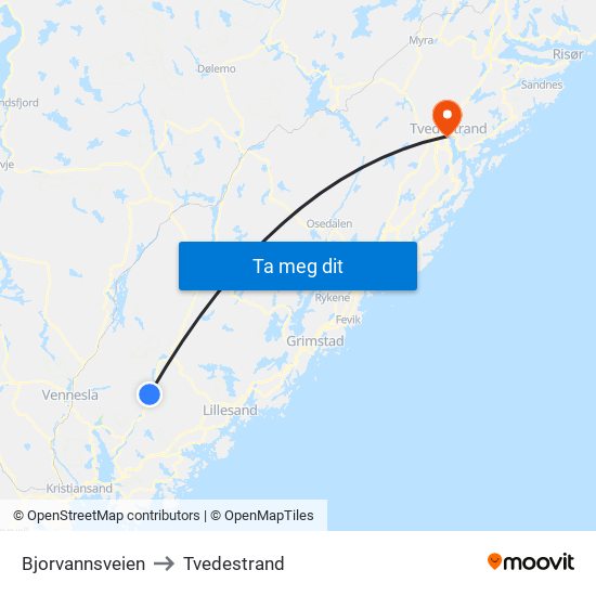 Bjorvannsveien to Tvedestrand map