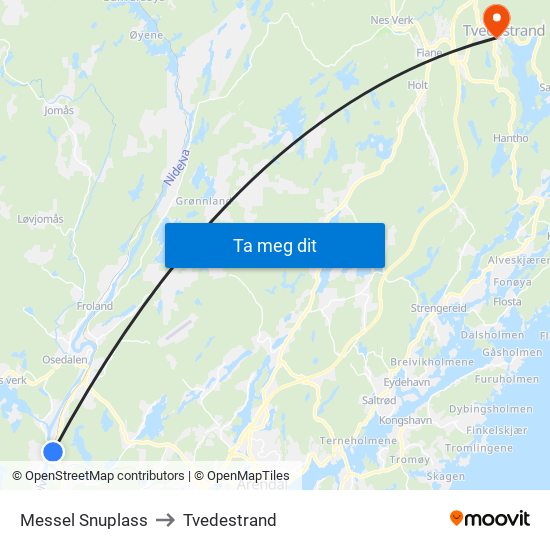 Messel Snuplass to Tvedestrand map