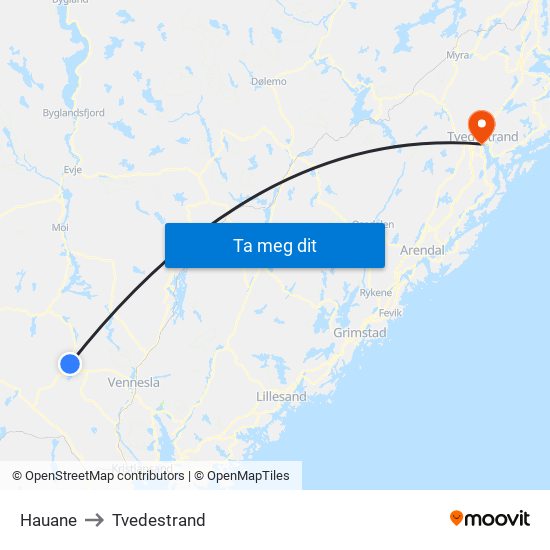 Hauane to Tvedestrand map