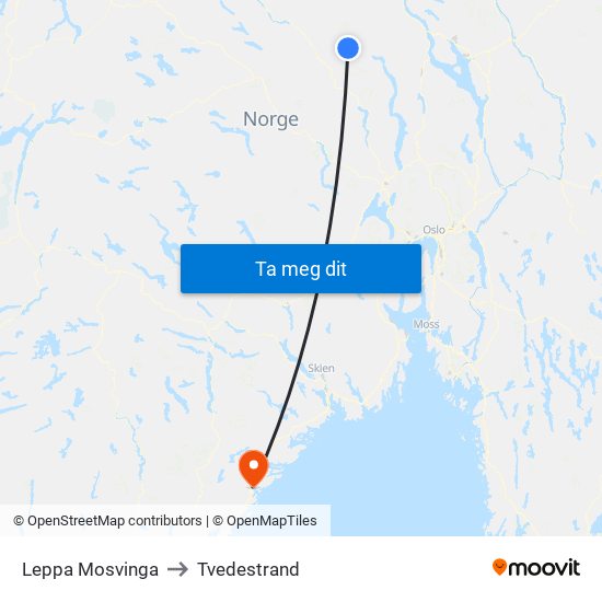 Leppa Mosvinga to Tvedestrand map